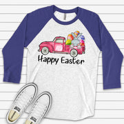 Easter Raglan, Truck Full of Easter Eggs and Bunny Design on premium Raglan 3/4 sleeve shirt, plus size, 2x easter raglan, 3x easter raglan
