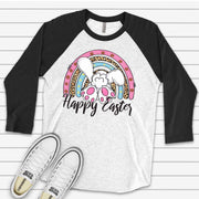 Easter Raglan, Fun Easter Rainbow with Bunny Tail Design on premium Raglan 3/4 sleeve shirt, plus size, 2x easter raglan, 3x easter raglan