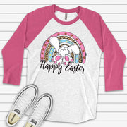 Easter Raglan, Fun Easter Rainbow with Bunny Tail Design on premium Raglan 3/4 sleeve shirt, plus size, 2x easter raglan, 3x easter raglan