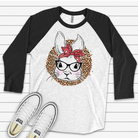 Bunny Raglan, Fun Bunny with Bow & Glasses on Leopard Design, premium Raglan 3/4 sleeve shirt, plus size, 2x easter raglan, 3x easter raglan