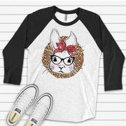 Bunny Raglan, Fun Bunny with Bow & Glasses on Leopard Design, premium Raglan 3/4 sleeve shirt, plus size, 2x easter raglan, 3x easter raglan