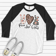 Easter Raglan, PEACE LOVE EASTER, Cute Striped Bunny Design, premium Raglan 3/4 sleeve shirt, plus size, 2x easter raglan, 3x easter raglan