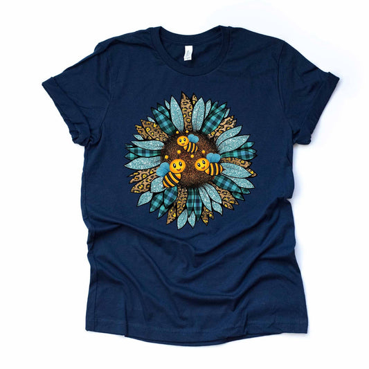 Sunflower Shirt, Plaid & Leopard Sunflower, Cute Bees on Sunflower Design, premium unisex shirt, 3 color choices, 3x sunflower, 4x sunflower