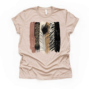 Unique Safari Brush Strokes with Black Feather, Animal Print Design on premium unisex shirt, 3 color choices, 3x boho , 4x boho, plus sizes