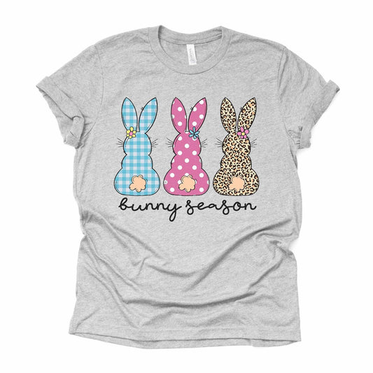 Easter Tee, Three Bunnies in Leopard, Plaid and Polka Dots Design on premium unisex shirt, 3 color choices, 3x Easter, 4x Easter, plus sizes