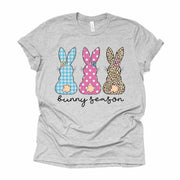 Easter Tee, Three Bunnies in Leopard, Plaid and Polka Dots Design on premium unisex shirt, 3 color choices, 3x Easter, 4x Easter, plus sizes