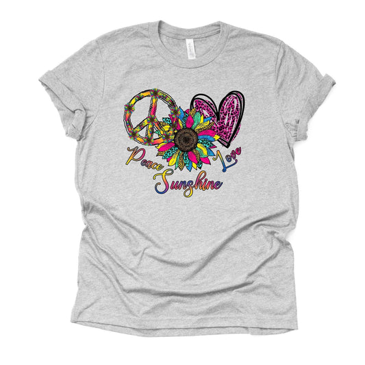 PEACE LOVE SUNSHINE, Pretty Sunflower and Hearts with Sunshine Design, premium unisex shirt, 3 color choices, 3x love, 4x love, plus sizes
