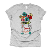 Retro Flowers in Jar, Love Is Kind on Jar, Beatiful Vintage Flowers Design on premium unisex shirt, 3 color choices, 3x love, 4x flower tee