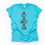 Cute Bee Tee, Be Silly, Be Honest, Be Kind,  Bee Kind Design on premium unisex shirt, 3 color choices, 3x bees, 4x bees, plus size