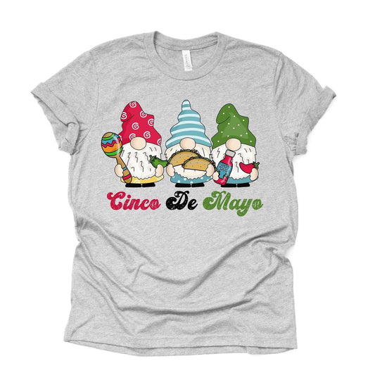 Gnomes Tee, Cinco de Mayo Gnomes with Tacos and Maracas Design on premium unisex shirt, 3 color choices, 3x gnomes, 4x gnomes, plus sizes