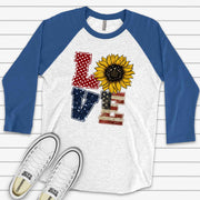 Patriotic Raglan, LOVE with Sunflower and USA Flag, Love American Design on premium Raglan 3/4 sleeve shirt, plus size, 2X, 3X