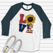 Patriotic Raglan, LOVE with Sunflower and USA Flag, Love American Design on premium Raglan 3/4 sleeve shirt, plus size, 2X, 3X