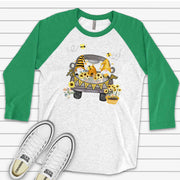 Gnomes and Bees Raglan, Cute Gnomes in Truck with Bees, Honey and Flowers Design on premium Raglan 3/4 sleeve shirt, plus size, 2X, 3X