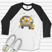 Gnomes and Bees Raglan, Cute Gnomes in Truck with Bees, Honey and Flowers Design on premium Raglan 3/4 sleeve shirt, plus size, 2X, 3X