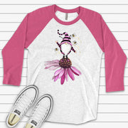 Gnomes and Bees Raglan, Cute Gnome Standing on Flower with Bees Flying Design on premium Raglan 3/4 sleeve shirt, plus size, 2X, 3X