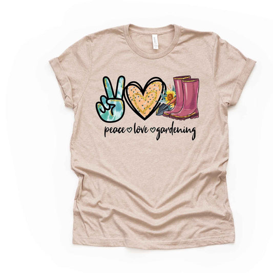 Gardening Tee, Peace Love Gardening, Love Gardening, Plant Mom Design on premium unisex shirt, 3 color choices, plus sizes, 3X, 4X