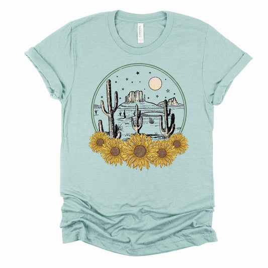 Retro Desert, Vintage Desert Scene with Cactus and Sunflwoers Design on premium unisex shirt, 3 color choices, 3x desert, 4x deserttee
