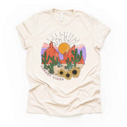 Retro Desert, Pretty Vintage Desert Scene with Red Rocks and Sun Design on premium unisex shirt, 3 color choices, 3x desert, 4x deserttee
