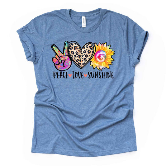 PEACE LOVE SUNSHINE, Tie Dye Sunflower with Leopard Heart Design, premium unisex shirt, 3 color choices, 3x love, 4x love, plus sizes