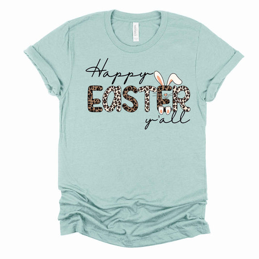 Easter Tee, Super Fun Leopard Print Happy Easter with Bunny Design, premium unisex shirt, 3 color choices, 3x Easter, 4x Easter, plus sizes