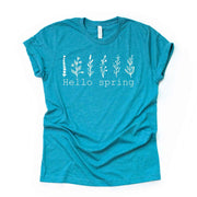 Hello Spring with Wildflowers in White, Simple Hello Spring Design, premium unisex shirt, 3 color choices, 3x spring, 4x spring, plus sizes