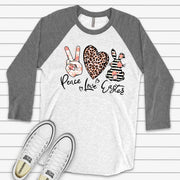 Easter Raglan, PEACE LOVE EASTER, Cute Striped Bunny Design, premium Raglan 3/4 sleeve shirt, plus size, 2x easter raglan, 3x easter raglan