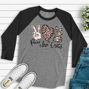 Easter Raglan, PEACE LOVE EASTER, Cute Striped Bunny Design, premium Raglan 3/4 sleeve shirt, plus size, 2x easter raglan, 3x easter raglan