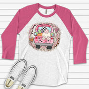 Easter Raglan, Cute Easter Truck with Bunny Tail Design, premium Raglan 3/4 sleeve shirt, plus size, 2x easter raglan, 3x easter raglan