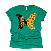 Pretty Butterfly and Sunflower, Part Butterfly, Part Sunflower Design on premium unisex shirt, 3 color choices, 3x butterfly, 4x butterfly
