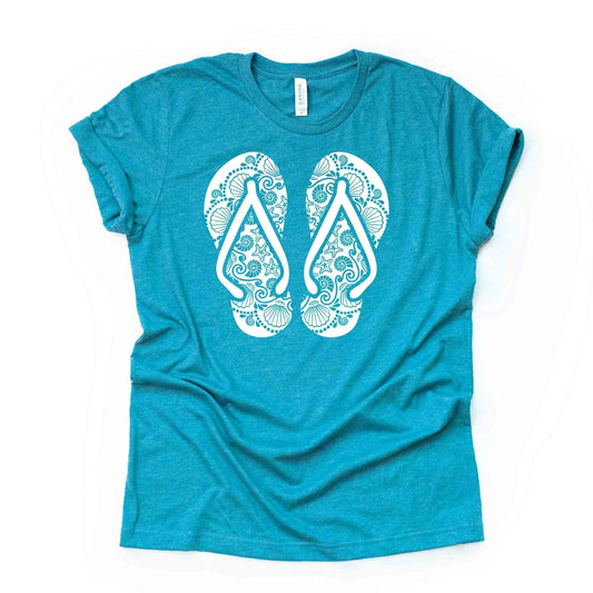 Summer Beach Tee, Super Cute Flip Flops Mandala, Flip Flops Zentangle Design on premium unisex shirt, 3 color choices, 3x beach, 4x beach