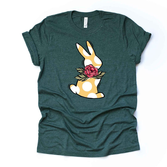 Super Cute Yellow and White Polka Dot Bunny with Flowers Design, premium unisex shirt, 3 color choices, 3x Easter, 4x Easter, plus sizes