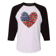 Patriotic Raglan, Red, White and Blue Heart with Leopard Design on premium Raglan 3/4 sleeve shirt, plus size, 2X raglan, 3X raglan