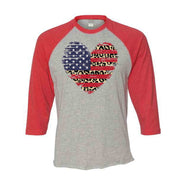 Patriotic Raglan, Red, White and Blue Heart with Leopard Design on premium Raglan 3/4 sleeve shirt, plus size, 2X raglan, 3X raglan