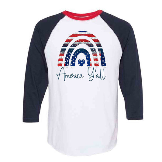 Patriotic Raglan, Red, White and Blue Rainbow America Y'all Design on premium Raglan 3/4 sleeve shirt, plus size, 2X raglan, 3X raglan