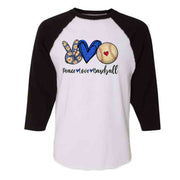 Baseball Raglan, PEACE LOVE Baseball, Love Baseball, Baseball Fan Design on premium Raglan 3/4 sleeve shirt, plus size, 2X raglan, 3X raglan