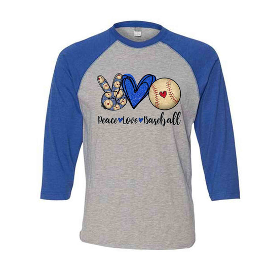 Baseball Raglan, PEACE LOVE Baseball, Love Baseball, Baseball Fan Design on premium Raglan 3/4 sleeve shirt, plus size, 2X raglan, 3X raglan