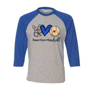 Baseball Raglan, PEACE LOVE Baseball, Love Baseball, Baseball Fan Design on premium Raglan 3/4 sleeve shirt, plus size, 2X raglan, 3X raglan