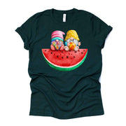 Summer Gnomes, Gnomes Sitting on Slice of Watermelon  Design, premium unisex shirt, 3 color choices, 2X, 3X, 4X, plus sizes available