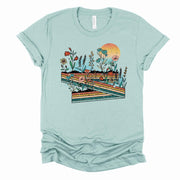 Retro Flowers, Vintage Flower in Desert Scene, Retro Desert and Sun Design on premium unisex shirt, 3 color choices, 3x love, 4x flower tee