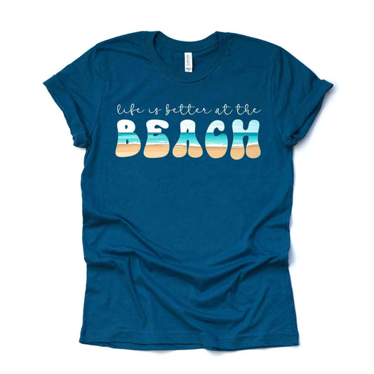 Beach Tee, Life Is Better At The Beach, Beach Scene Letter Design on premium unisex shirt, 3 color choices, 3x Beach, 4x Beach, Plus Sizes