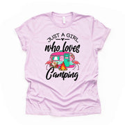 Camping Tee, Just A Girl Who Loves Camping, Camper and Flamingos Design on premium shirt, 3 color choices, 3x Camping, 4x Camping