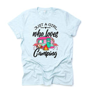Camping Tee, Just A Girl Who Loves Camping, Camper and Flamingos Design on premium shirt, 3 color choices, 3x Camping, 4x Camping