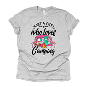 Camping Tee, Just A Girl Who Loves Camping, Camper and Flamingos Design on premium shirt, 3 color choices, 3x Camping, 4x Camping