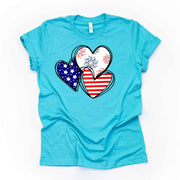 Patriotic Tee, 3 Patriotic Hearts with Stripes and Fireworks Design on premium unisex shirt, 3 color choices, 3x Patriotic, 4x Patriotic