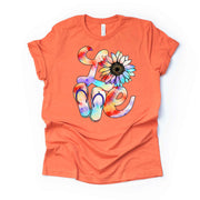 Summer Fun Tee, LOVE Summer with Tie Dye Sunflower and Flip Flops Design on premium unisex shirt, 2 color choices, 3x Summer, 4x Summer