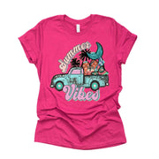 Summer Tee, Summer Vibes Truck with Mermaid, Watermelon and Flips Flops Design, premium unisex shirt, 3 color choices, 3x Summer, 4x Summer