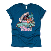 Summer Tee, Summer Vibes Truck with Mermaid, Watermelon and Flips Flops Design, premium unisex shirt, 3 color choices, 3x Summer, 4x Summer