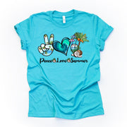 Summer Beach Tee, Peace Love Summer, Palm Tee & Coconuts Design on premium unisex shirt, 2 color choices, 3x Summer, 4x Summer, Plus