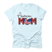 Patriotic Tee, American Mom with Red, White and Blue Heart Design, premium Bella + Canvas unisex shirt, 3 color choices, 3x USA, 4x USA