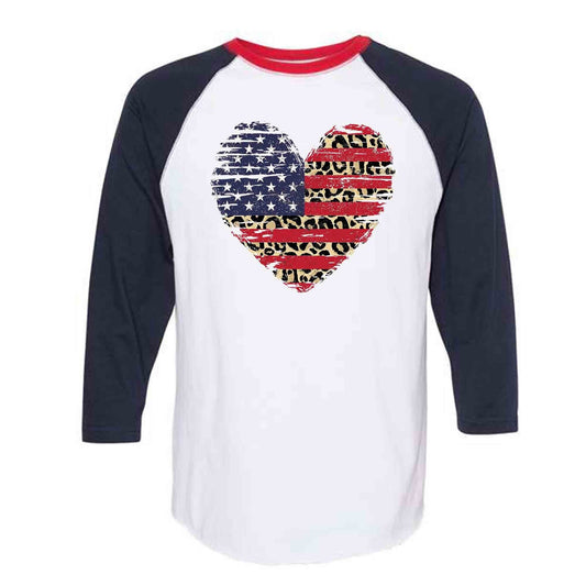 Patriotic Raglan, Red, White and Blue Heart with Leopard Design on premium Raglan 3/4 sleeve shirt, plus size, 2X raglan, 3X raglan